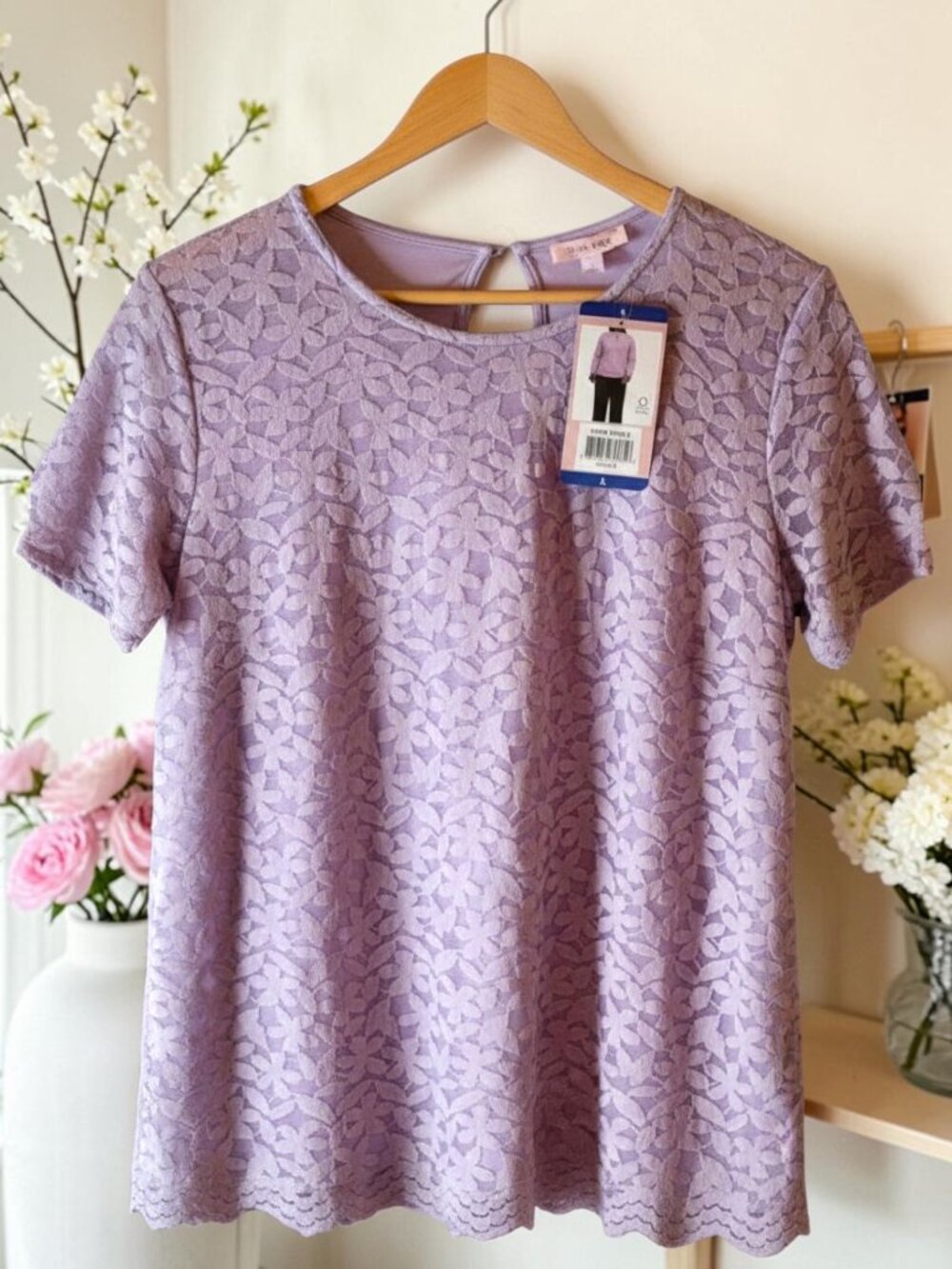 Teddi Rose L Purple Floral Lace Short Sleeve Top NWT